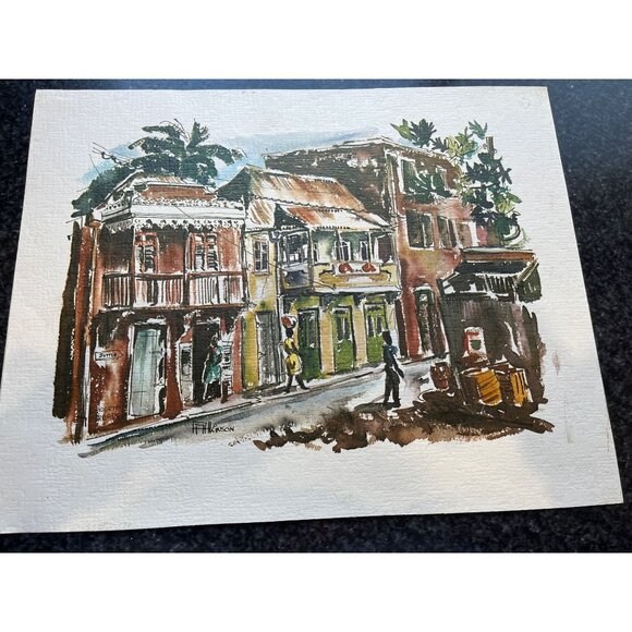 Vtg 1970 Bridgetown Barbados Colored Lithograph Art FF Hikinson Artist Street